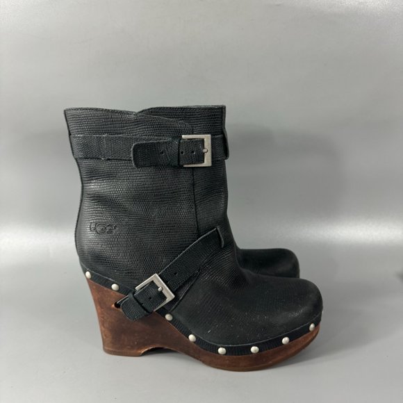 UGG Black Leather "Taryn" Wooden Wedge Mid Calf Boots, Size 7 - Picture 2 of 13